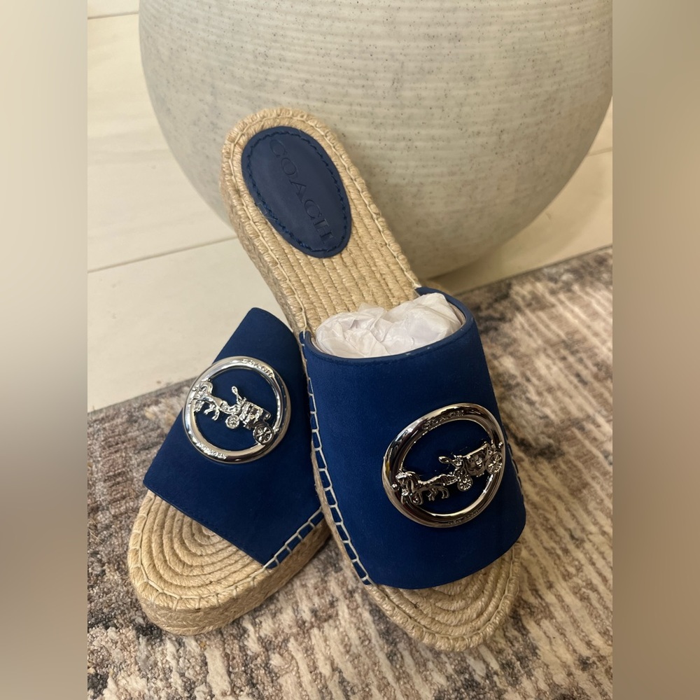 NWOB/Coach Navy Espadrille Sandals with Silver Detail